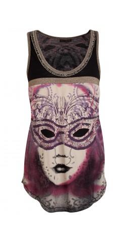 Canottiera in cotone con immagine di maschera sul davanti e disegno astratto sul retro, colore nero, viola, rosa, bianco