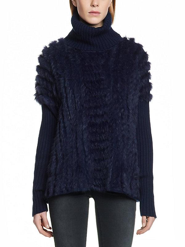 Poncho blu a maniche lunghe e collo alto in lana tricot e corpo in vero Lapin