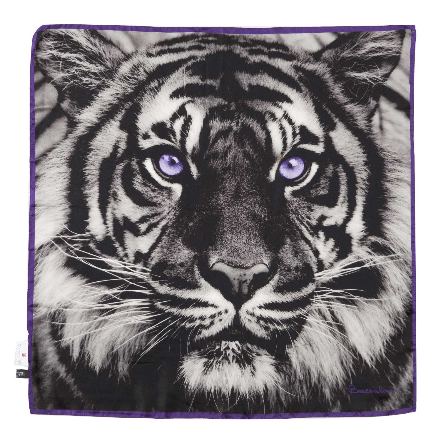 Foulard con stampa di tigre bianca con occhi viola e bordo dello stesso colore