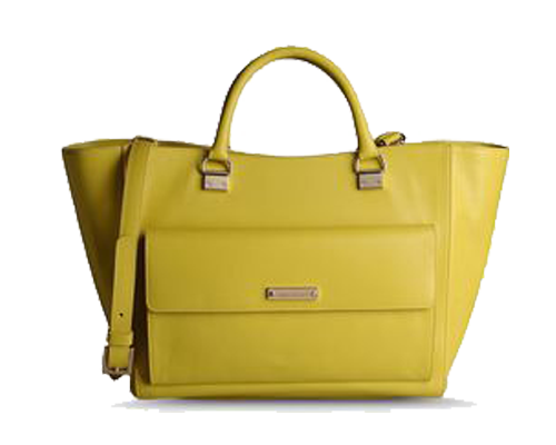 Borsa in pelle di Alberta Ferretti di colore giallo con doppio manico, piedini, logo, tasca esterna, tasca interna, Zip, tracolla removibile