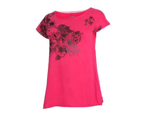 T-shirt colore rosa schocking, stampa floreale colore nero con scritta argentata 