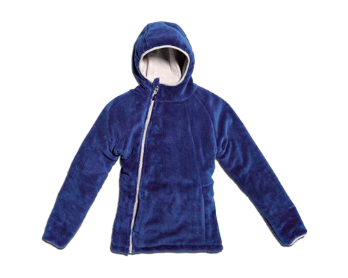 Giacca da bambina reversibile dai colori blu e grigio, con cappuccio,  chiusura con zip laterale