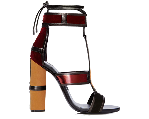 Elegante sandalo in colorazione patchwork, rosso, nero e giallo