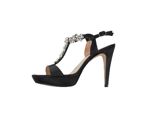 Sandali in raso nero, applicazione centrale in metallo e strass con cinturino alla caviglia, punta tonda, suola in gomma e tacco rivestito