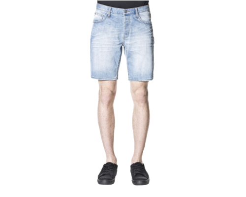 Shorts in jeans con sfumature bianche frontali con cinque tasche con chiusura a bottone. Chiusura con zip e bottone. 