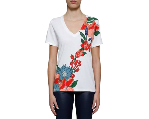 T-shirt donna bianca con decoro a fiori arancioni e turchesi, trasversale dalla spalla sinistra 