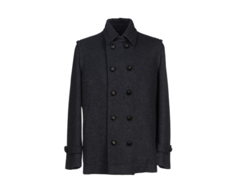 Cappotto colore piombo, maniche lunghe, doppiopetto, chiusura con bottoni grigi, scollatura classica.