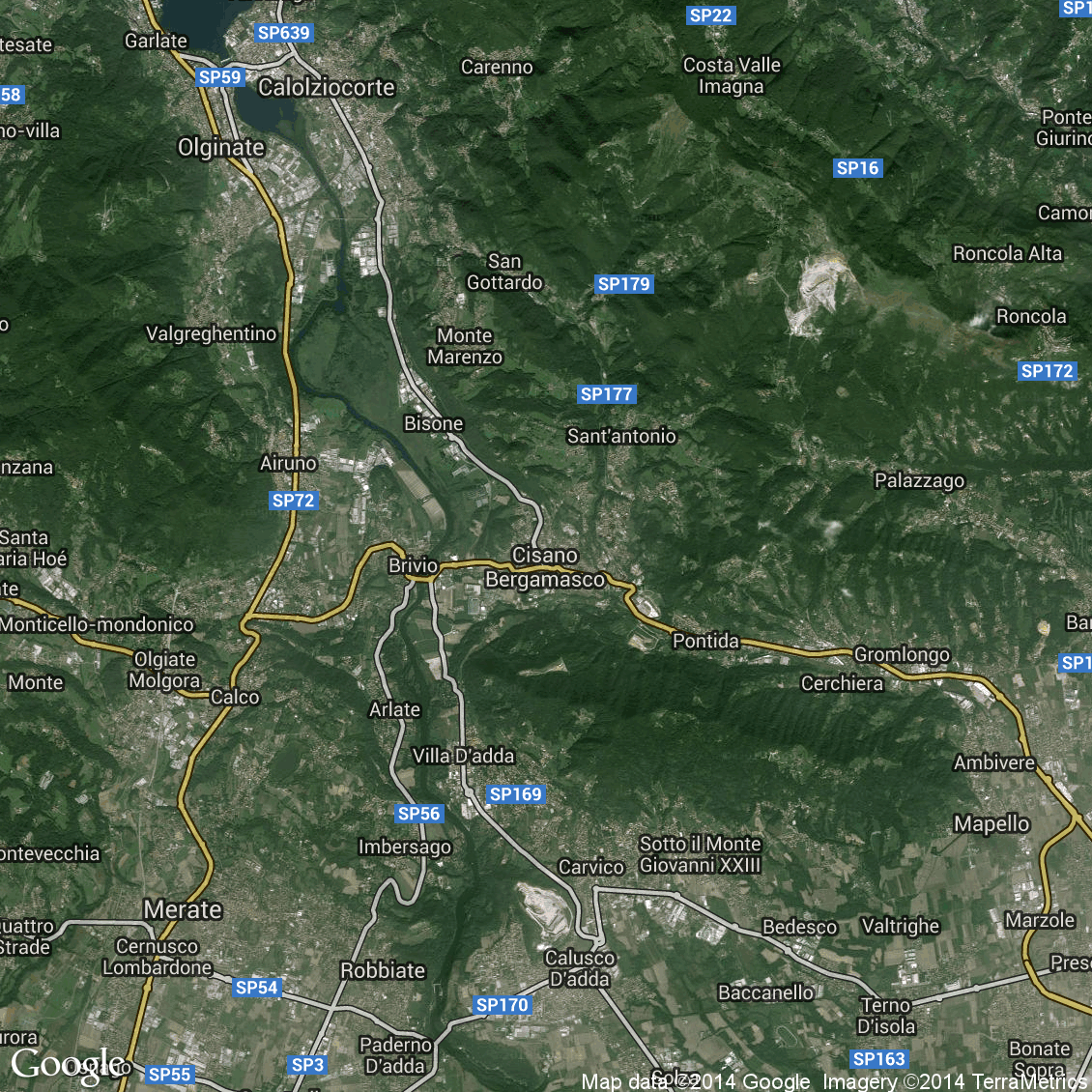 Foto hibrida aerea del comune di Cisano Bergamasco con strade e vista