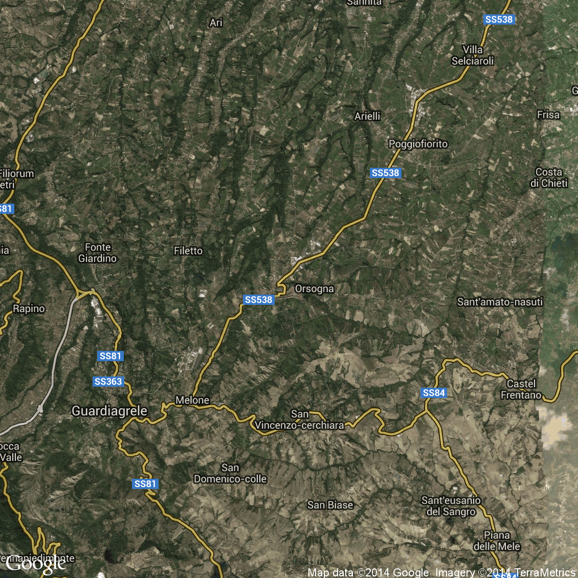 Foto hibrida aerea del comune d'Orsogna con strade e vista