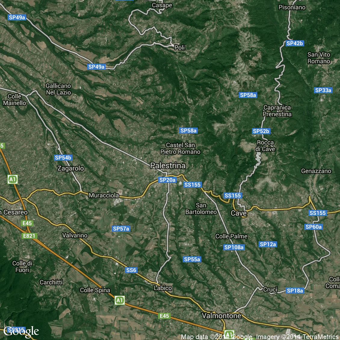 Foto hibrida aerea del comune di Palestrina con strade e vista