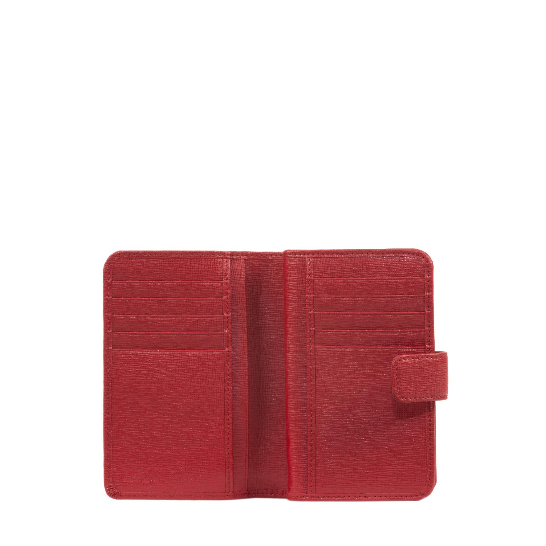 Dettaglio portafogli rosso con 12 scomparti per carta di credito 