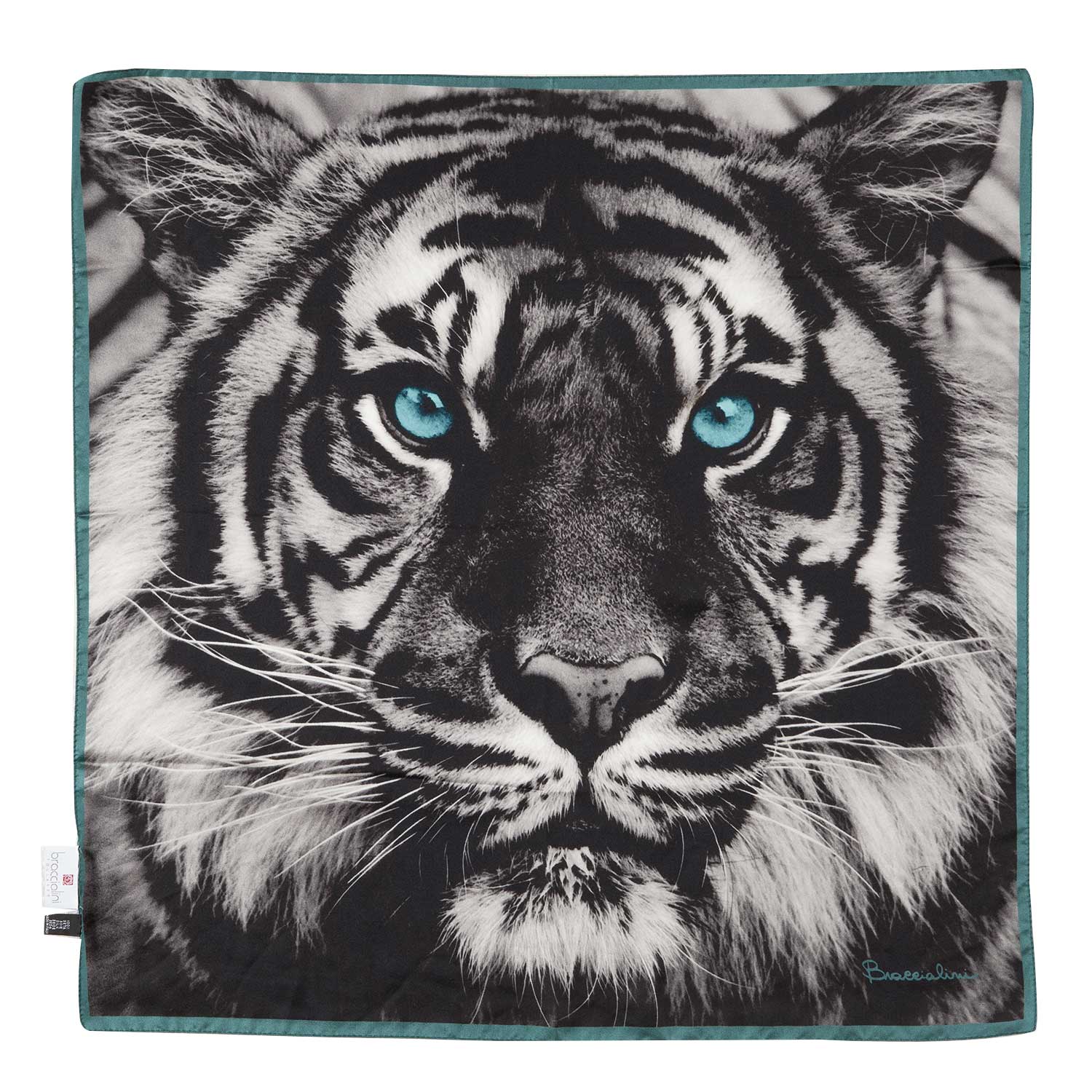 Foulard con stampa di tigre bianca con occhi azzurri e bordo dello stesso colore
