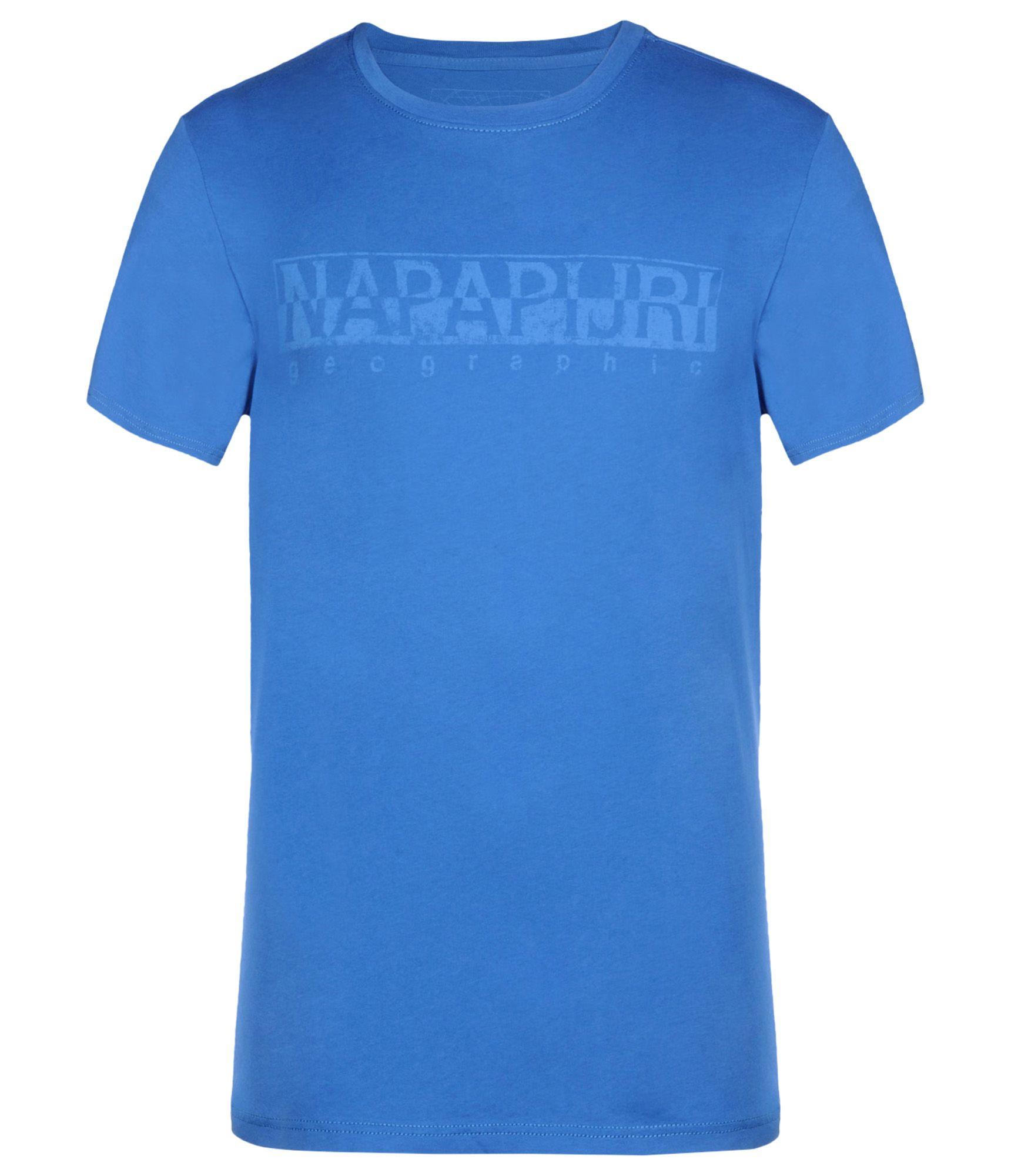 Maglietta a maniche corte blu con collo tondo e logo centrale tono su tono