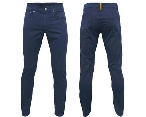 Pantalone taglio jeans elasticizzato con cinque tasche e cuciture interne bordate