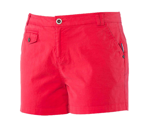 Pantaloncini da donna di colore rosso con due tasche anteriori che posteriori, zip e bottone