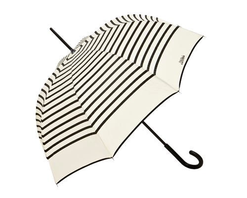 Ombrello bianco con strisce nere, manico nero, piccolo logo metallico sul manico.