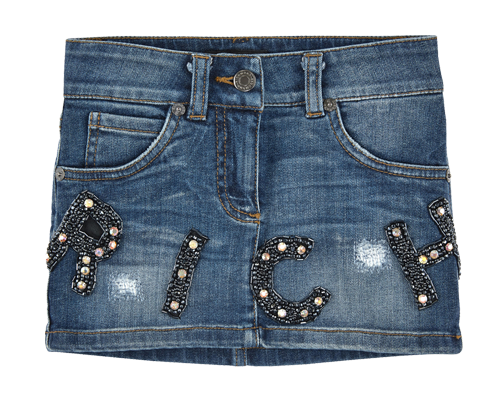 Minigonna in jeans effetto slavato, con cinque tasche e scritta 