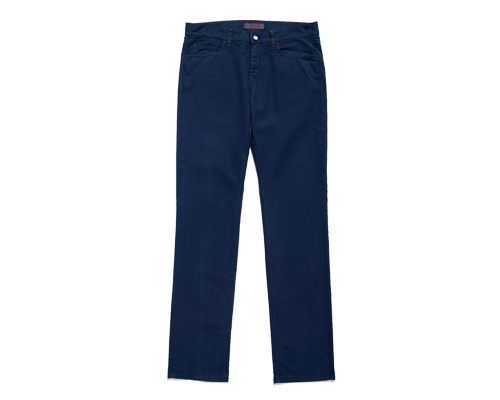 Pantaloni di colore blu con travette color kummel e tasche anteriori e posteriori