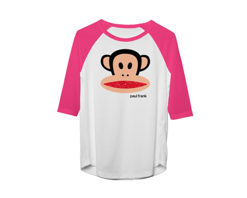 Maglietta di colore bianco con maniche a tre quarti rosa, stampa frontale del logo Paul Frank con bocca della scimmia Julius glitterata