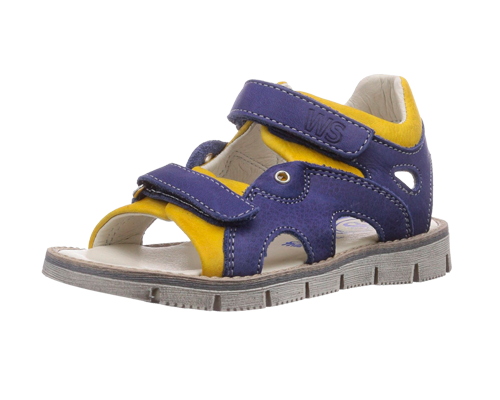 Sandali di colore blu con doppia chiusura a strappo, dettagli in giallo e suola in gomma bianca