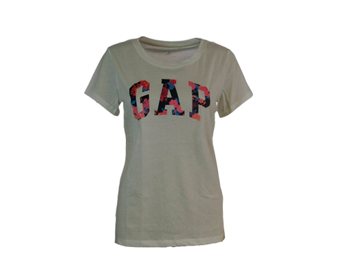 T-shirt di colore grigio con stampa frontale del logo GAP con fantasia floreale rosa nera e blu