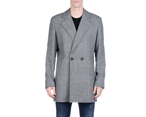 Cappotto colore grigio acciaio, doppiopetto, chiusura con bottoni, collo con revers, maniche lunghe, spacco sul retro, principe di Galles design