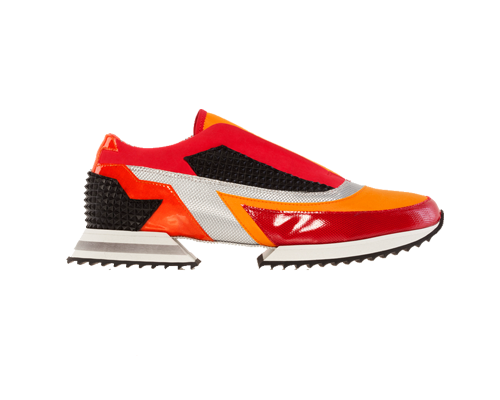 Sneakers con suola spezzata bianca e battistrada un gomma nero, pelle gommata rossa, nylon arancio, kevlar acciaio, punta rossa, texture pyramid nero.